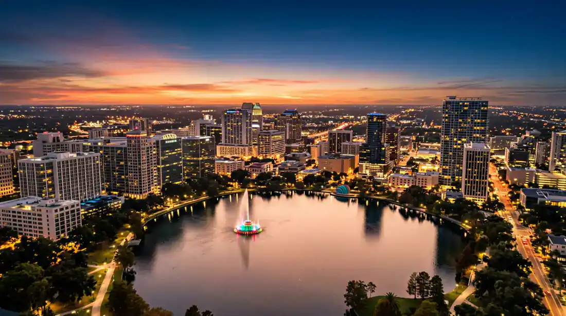 Vista aérea do skyline de Orlando ao entardecer