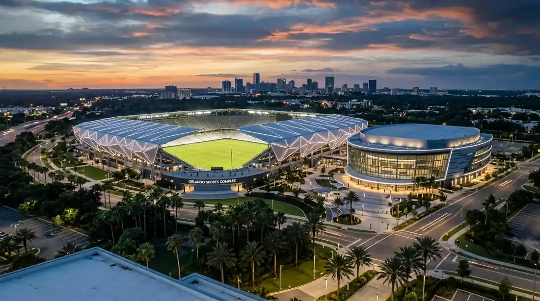 Arena esportiva de Orlando ao entardecer