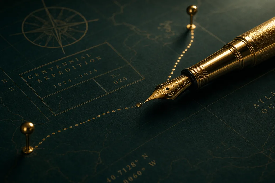 Caneta-tinteiro dourada traçando uma rota sobre um mapa náutico