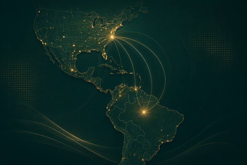 Mapa das Américas com rotas conectando o Brasil a Miami, América Latina e Caribe