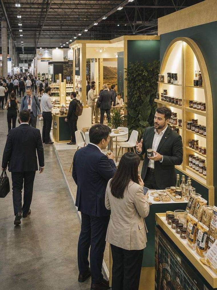 Expositor apresentando produtos brasileiros a compradores no estande da feira